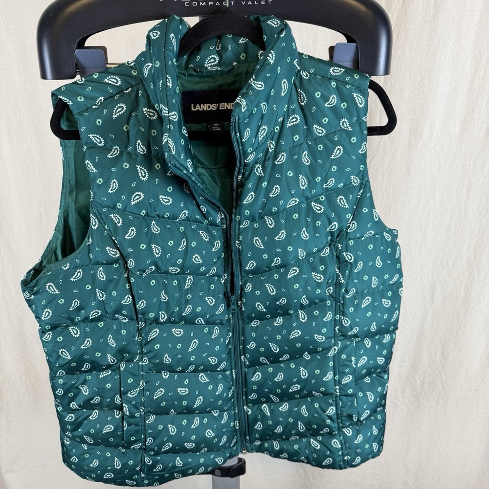 Lands End Womens Vest Puffer Down Feather Filled Classic Preppy Paisley Green XL